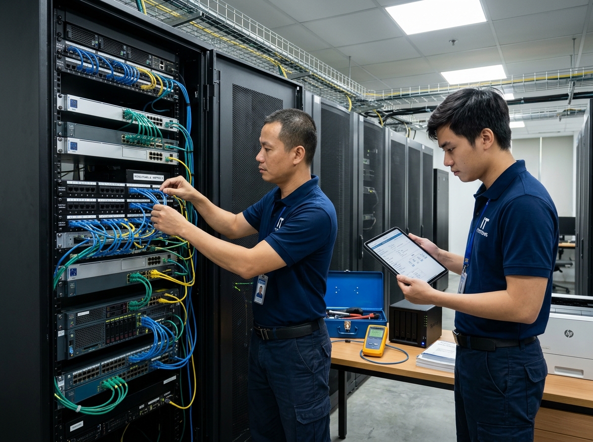 Kỹ thuật viên Công Nghệ Khải Hoàn lắp đặt tủ rack server và thiết bị văn phòng