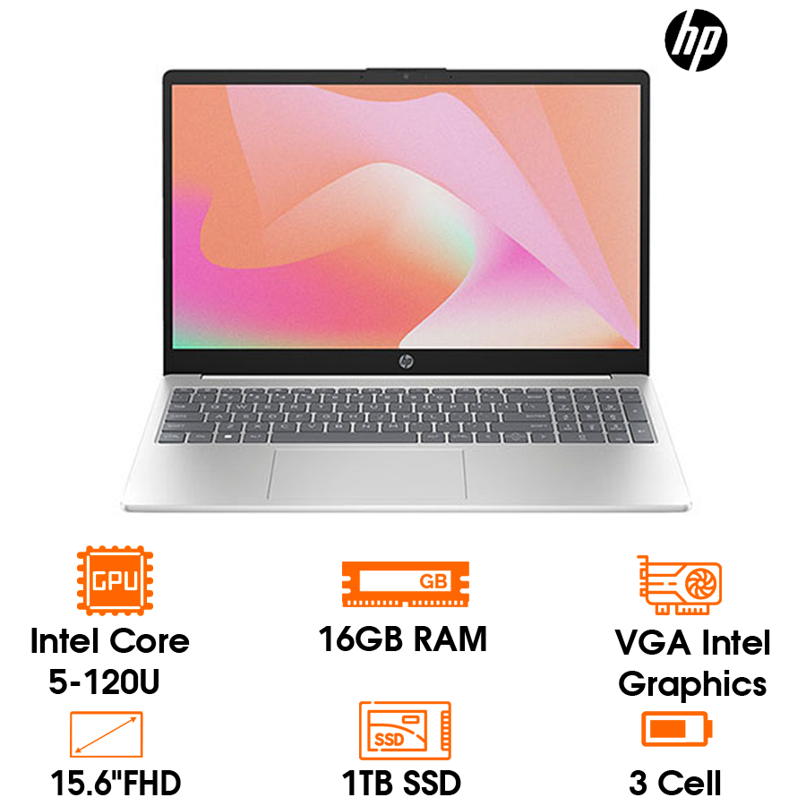 Laptop HP 15-FD1043TU-9Z2W9PA Core 5-120U/ 16GB 3200MHz/ 1TB SSD/ Intel Graphics/ 15.6"FHD/ Webcam/ 3C/ Wifi6 +BT/ Winn11H 64/ Natural Silver
