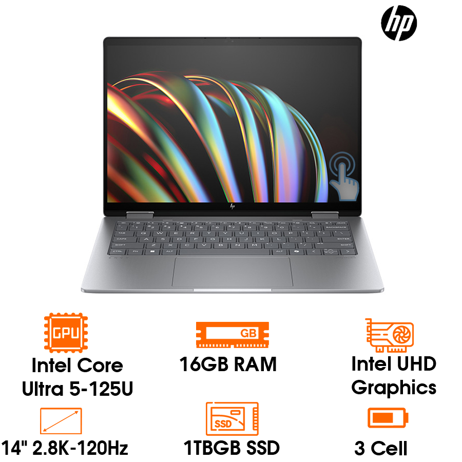 Laptop HP Envy x360 14-FC0092TU-A19C2PA Core Ultra 5-125U; 16GB RAM; 1TB SSD; Intel Graphics;14"2.8K + PEN; IR/OLED; LKB; Webcam; 3 Cell; Wlan ax+BT; Win11H64, Silver, 1Y