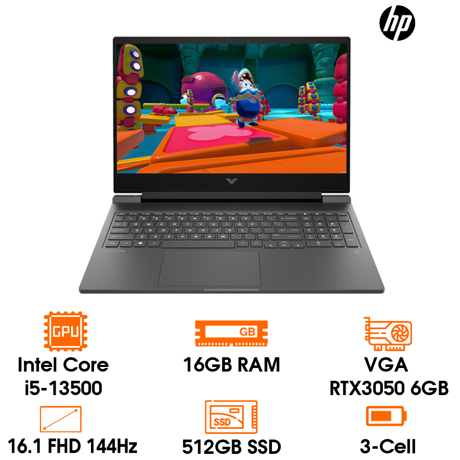 Laptop Gaming HP Victus 16 - Black- 16.1 FHD 144Hz; Intel i5-13500; 16GD5 ; 512GB; VGA RTX3050 6GB; WF6+BT5.3; Win11SL; 1Y (16-R0283TX-AD9T3PA)