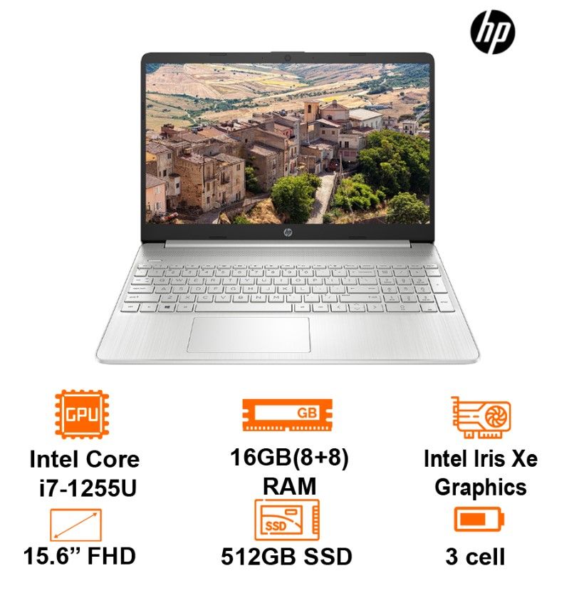 Laptop HP 15S FQ5144TU Natural Silver- 15.6 FHD; Intel Core i7-1255U; 16GB(8+8) ; 512GB SSD; WF5+BT5; Polyc; Win11H; 1Y (15S-FQ5144TU-7C0R8PA)