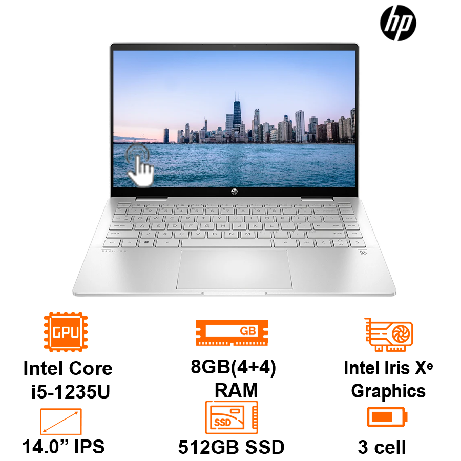 Laptop HP 2 in 1 Pavilion X360 14 EK0135TU -Silver- 14 FHD Touch IPS+ Pen; Intel Core i5-1235U; 8GB on 3200Hz; 512GB SSD; Wifi6+ BT5.2; Alu A,B,C; Win11H; 1Y (14-EK0135TU-7C0W5PA