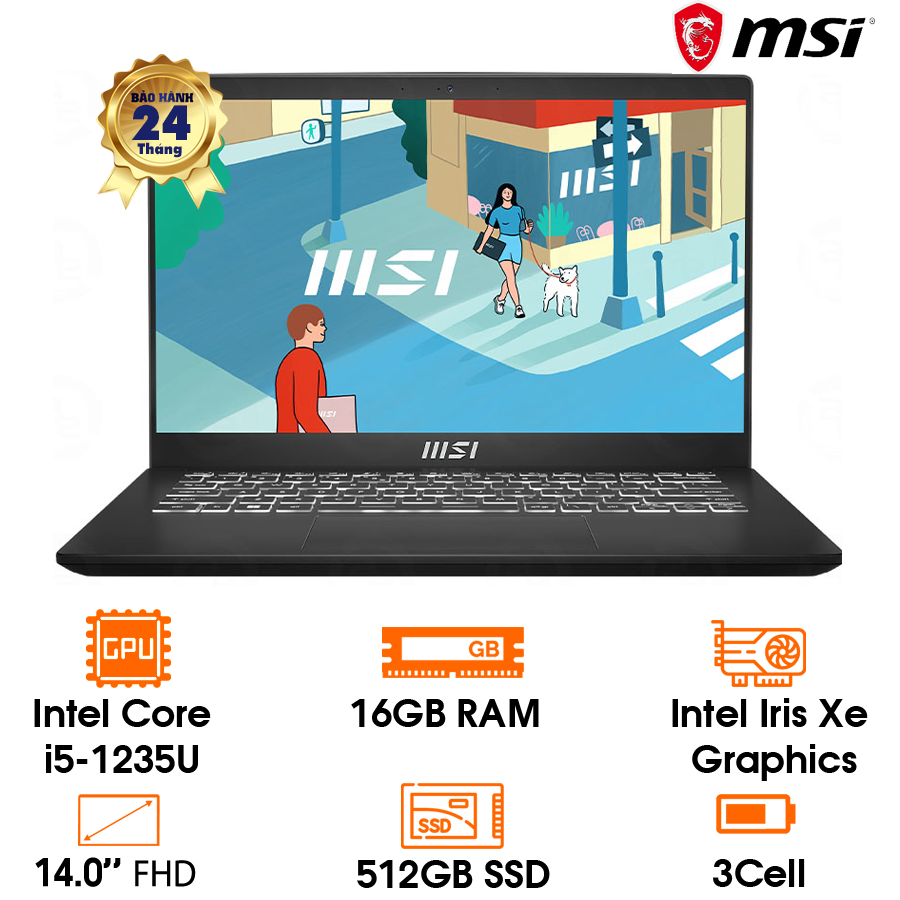Laptop MSI Modern 14, 14” FHD IPS, i5-1235U, 16GD4 bus 3200 onboard, 512GB SSD, single backlit KB, TPM 2.0, 1.4kg, Win 11, black, 2Y (14-C12MO-660VN)
