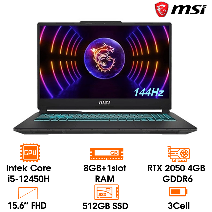 Laptop MSI Cyborg 15, 15.6” FHD 144Hz, i5-12450H, 8GD5 bus 4800 (up to 64GB), 512GB SSD, RTX 2050 4GB GDDR6, 53.5Whr, 1.98kg, Win 11, black, 2Y (15-A12UCX-281VN)