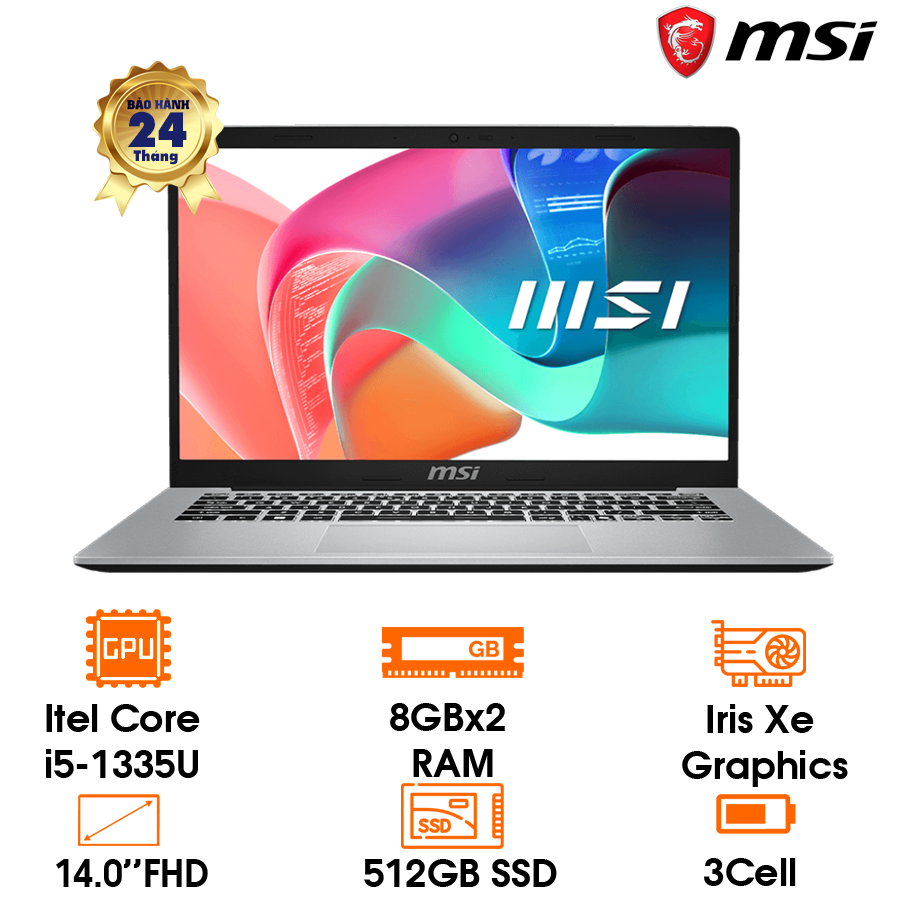 Laptop MSI Modern 14-Urban Silver-i5-1335U, 16GB (8GB*2) (up to 64GB), 512GB,14" FHD, Iris Xe Graphics, W11H, 2Y (1Y Pin+sạc) (14-F13MG-027VN)