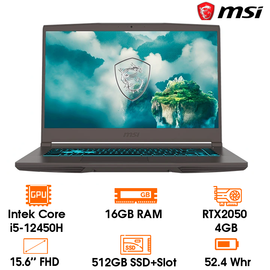 Laptop MSI Thin 15, 15.6" FHD, i5-12450H, 16GD4 bus 3200 (up to 64GB), 512GB SSD + 1 slot 2.5” SATA HDD, RTX2050 4GB, 52.4 Whr, Win11, Black, (15-B12UCX-2046VN)