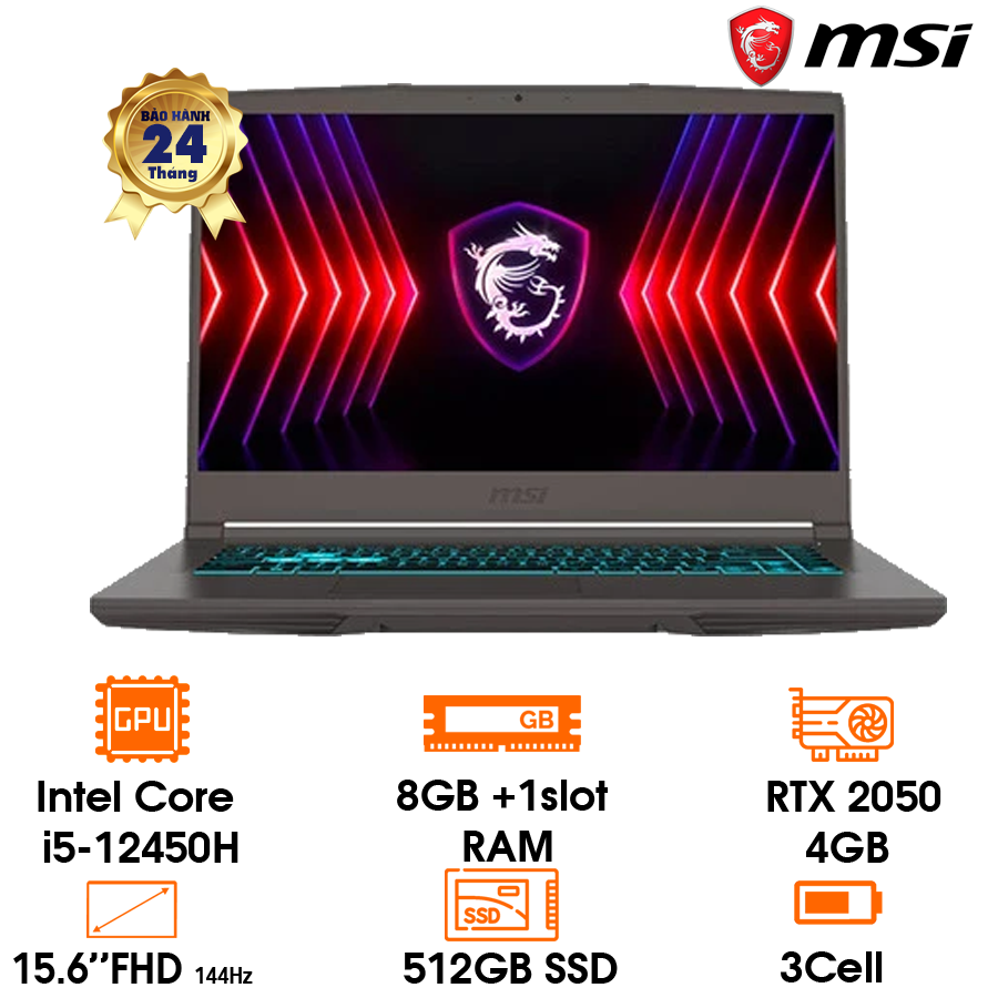 Laptop MSI Thin 15 B12UCX-1419VN; 15.6 inch FHD 144Hz; i5-12450H; 8GB+1slot; 512GB; RTX 2050 4GB; 52.4Whr; Win 11; 1Y Pin+sạc; 2Y+balo; Cosmo gray (15-B12UCX-1419VN)