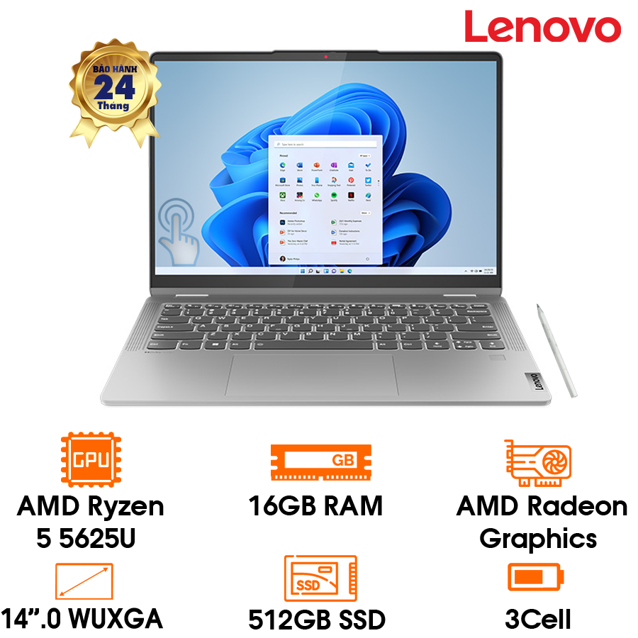 Laptop Lenovo IdeaPad Flex 5, 14” WUXGA, R5-5625U, 16GD4 (not upgradable), 512GB SSD (up to 1TB M.2 2242 SSD), Touch, Wifi6+BT, PEN, W11SL, LKB, grey, 2Y (14ABR8-82XX00FVVN)