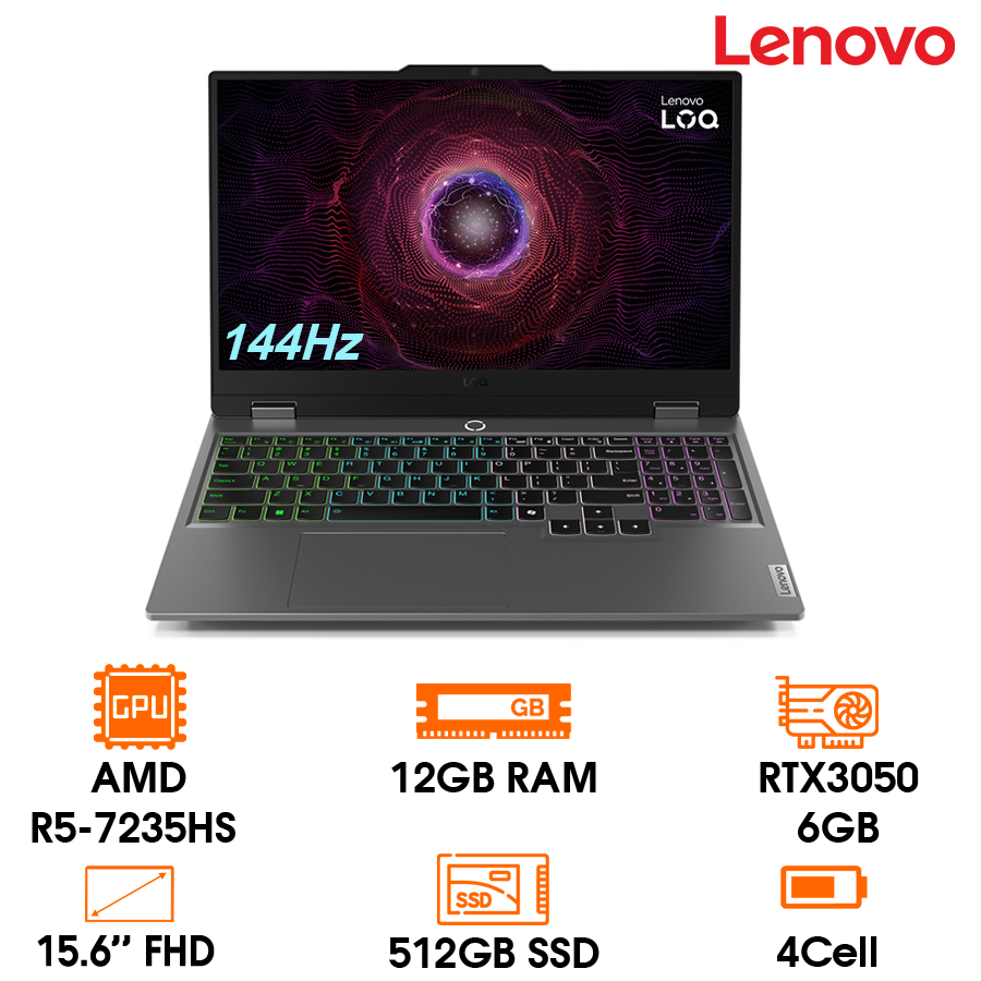 Laptop Lenovo LOQ 15ARP9, 15.6" 144Hz, R5-7235HS, 12GB RAM, 512GB SSD, RTX3050 6GB, 4C 60Wh, LKB, W11SL, xám, 2Y (15ARP9-83JC00HXVN)