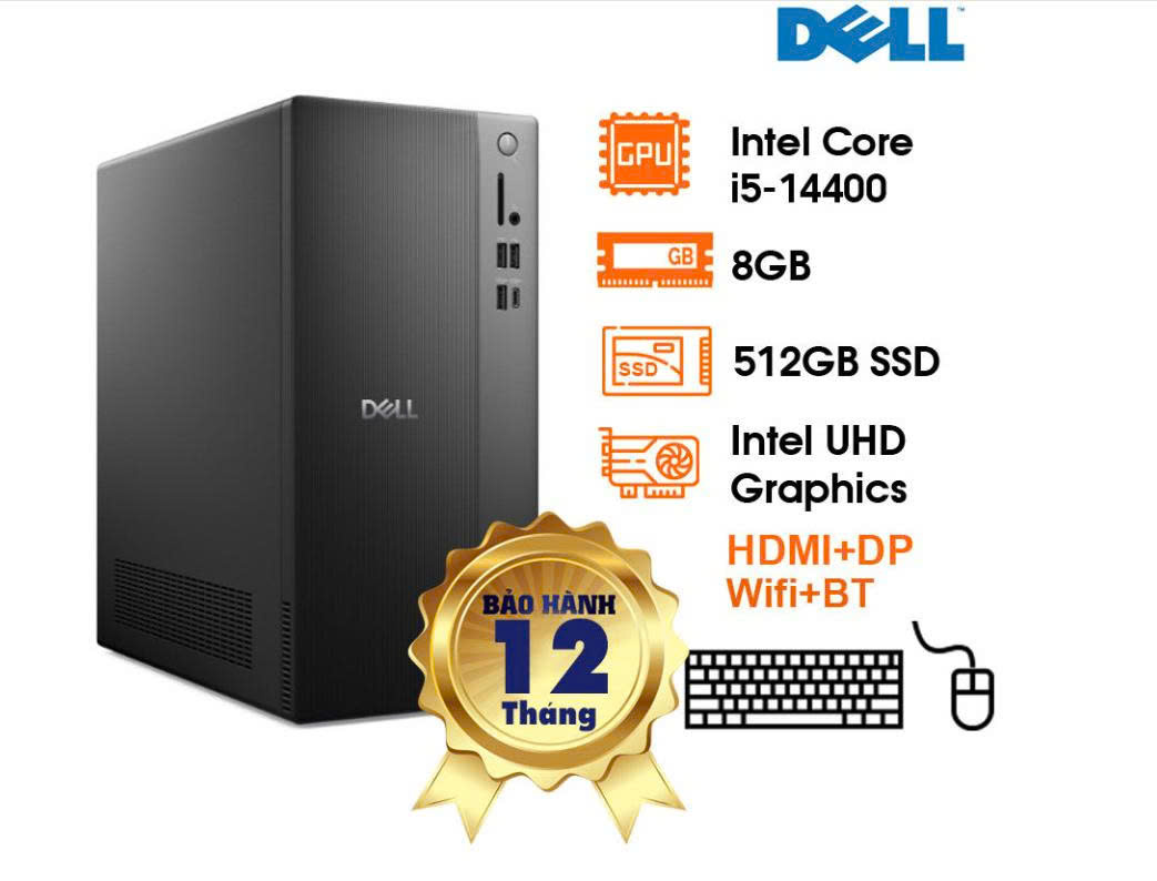 PC DELL Tower ECT1250 (14.6L), i5-14400, 8GD5. 512GSSD, BT, KBCopilot+M, Wifi6+BT5.4, 2x USB 3.2 Gen 1 Type-A, 1x HDMI, 1x DisplayPort, 1x RJ45 (LAN), 2x PCIe X1, 1x PCIe X16, 1x M.2 2230 (with WLAN), 1x SATA, W11SL, Pro, 1Y. ĐEN, (ECT1250-TFPC81)